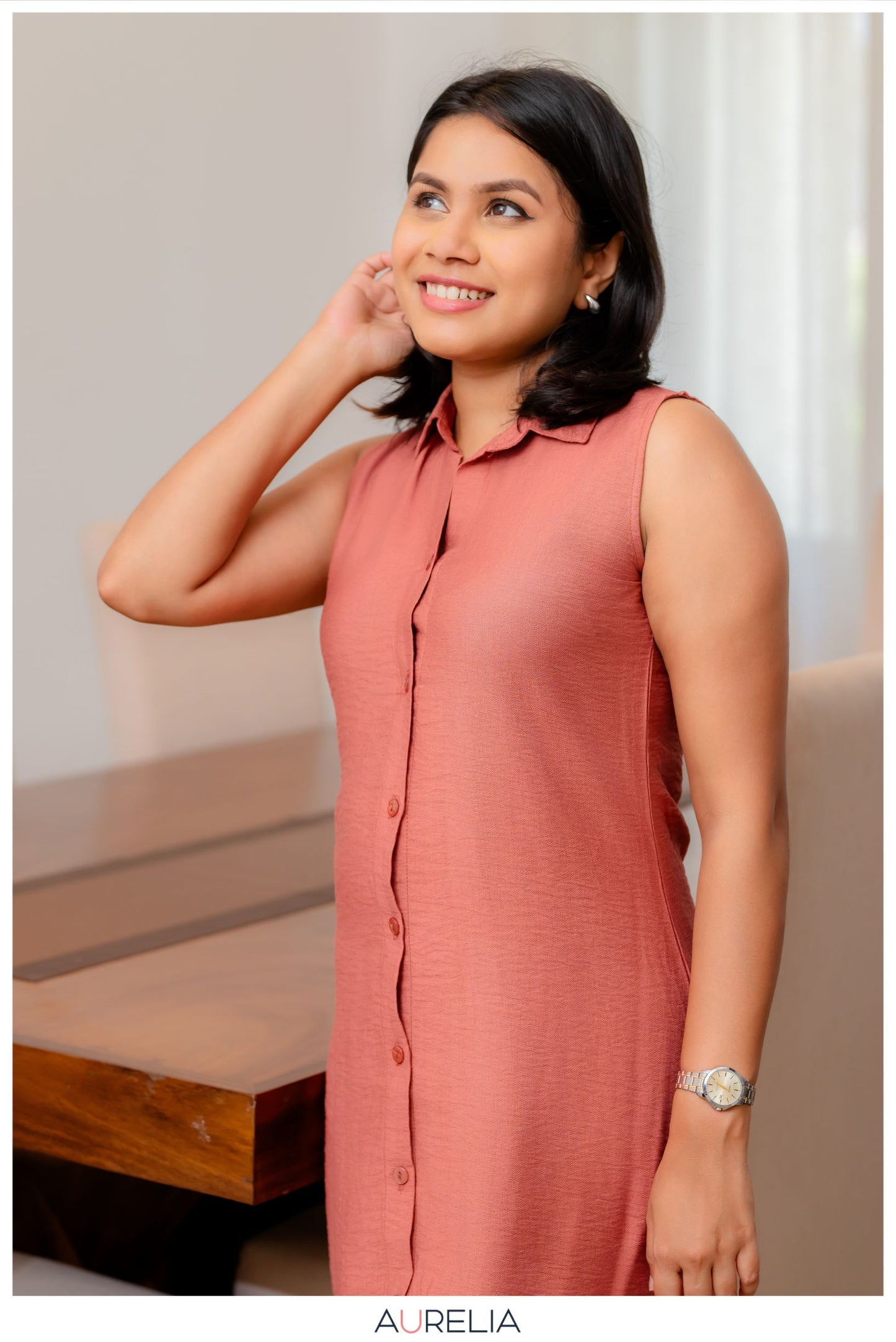SLEEVELESS BUTTON DOWN BOTTOM GATHERED DRESS