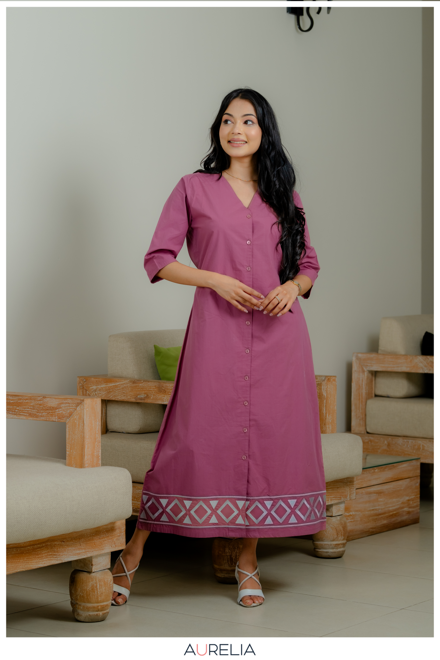 Rosy Mystique Button Down Embroidered Dress
