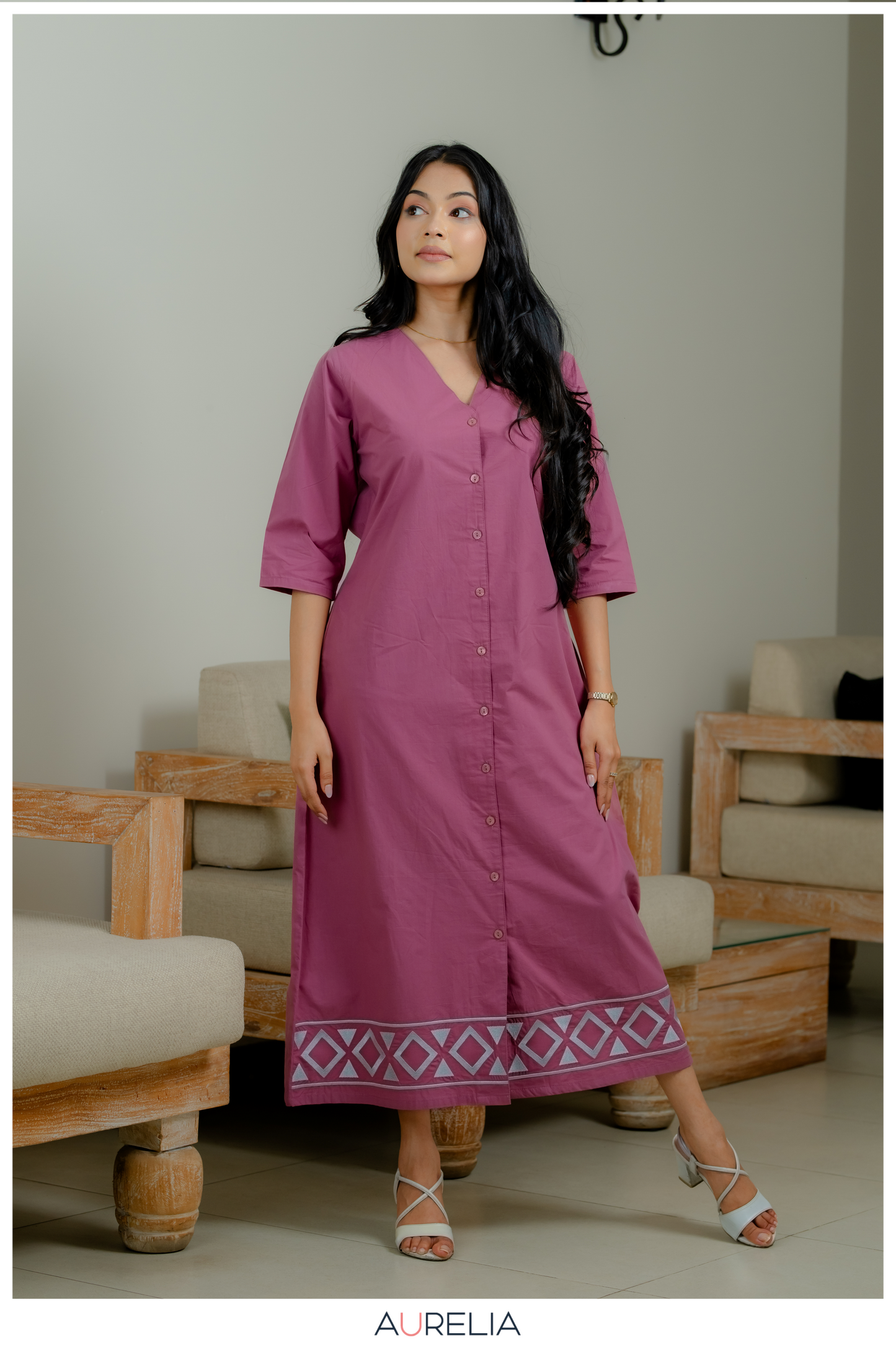 Rosy Mystique Button Down Embroidered Dress