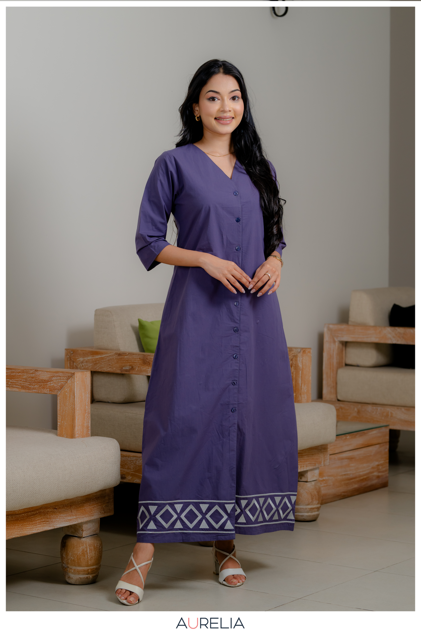 Midnight Violet Button-Down Embroidered Dress