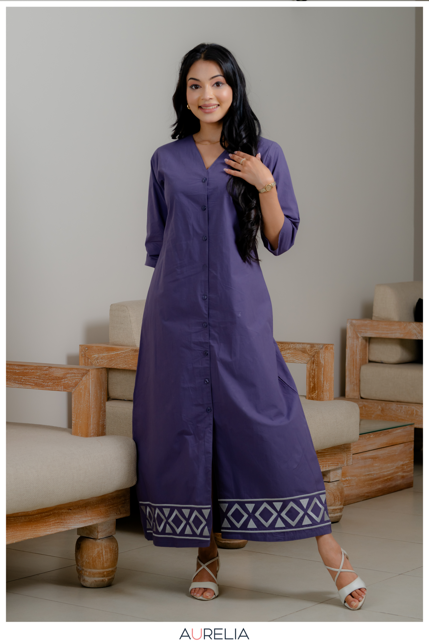 Midnight Violet Button-Down Embroidered Dress