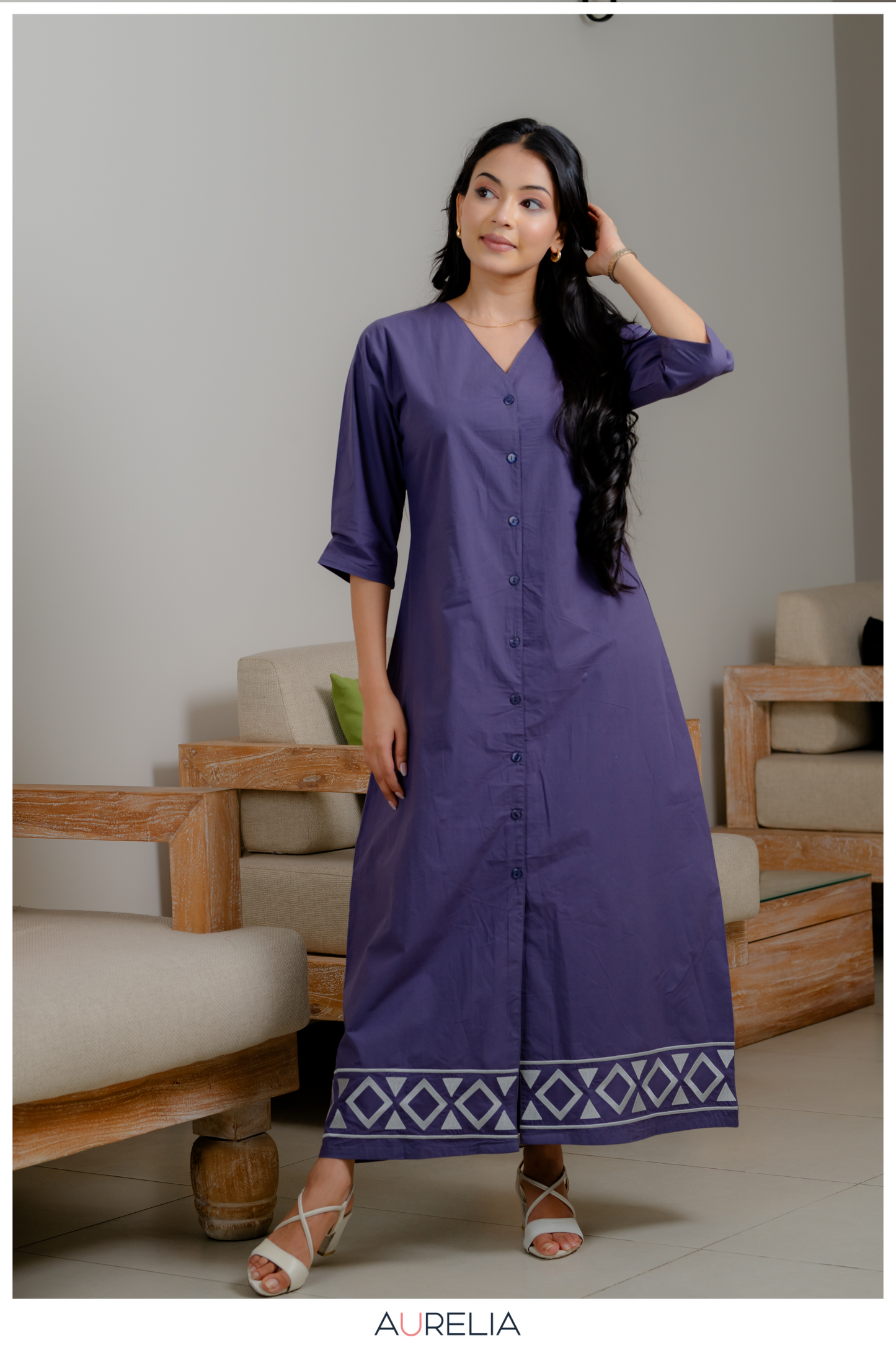 Midnight Violet Button-Down Embroidered Dress