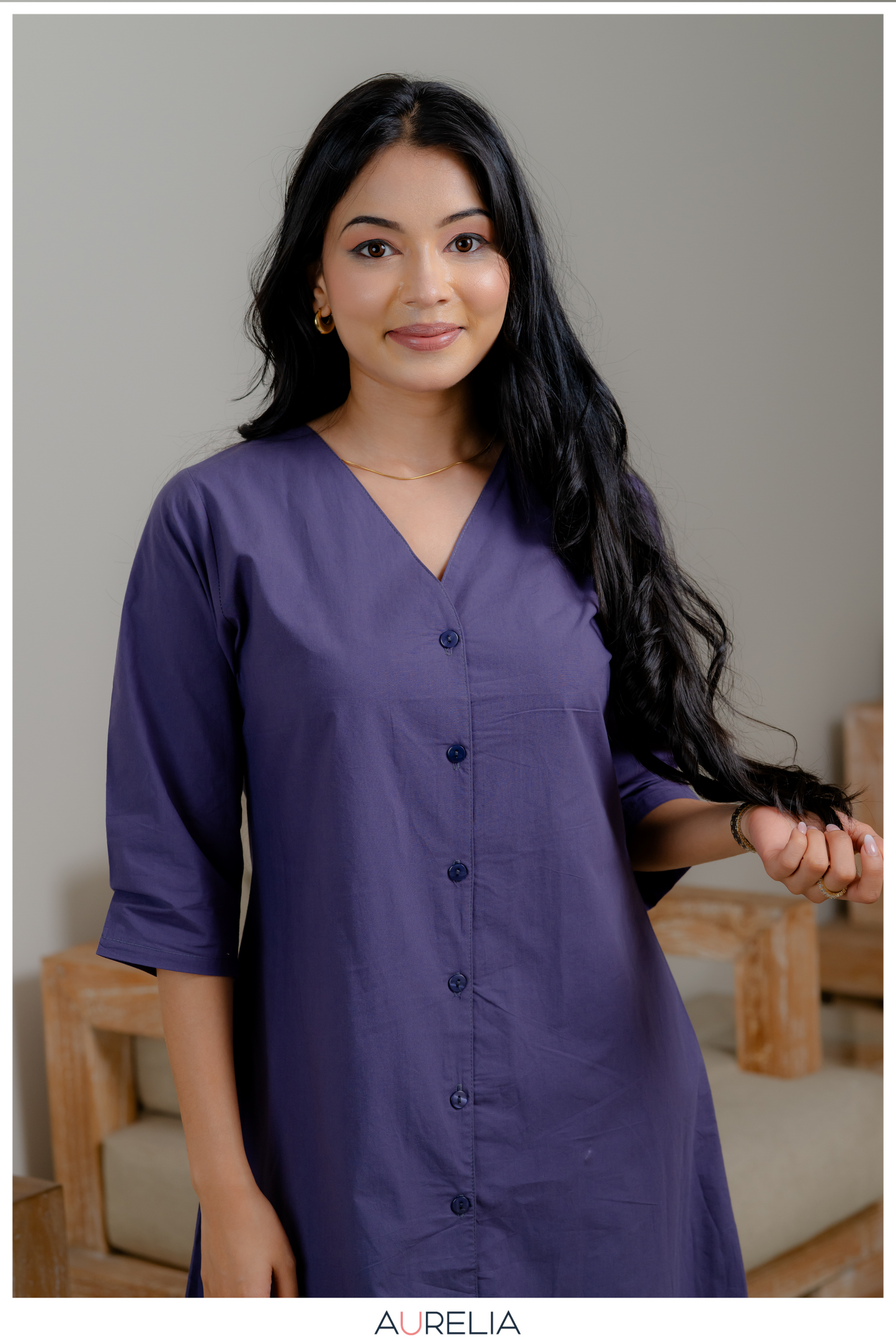 Midnight Violet Button-Down Embroidered Dress