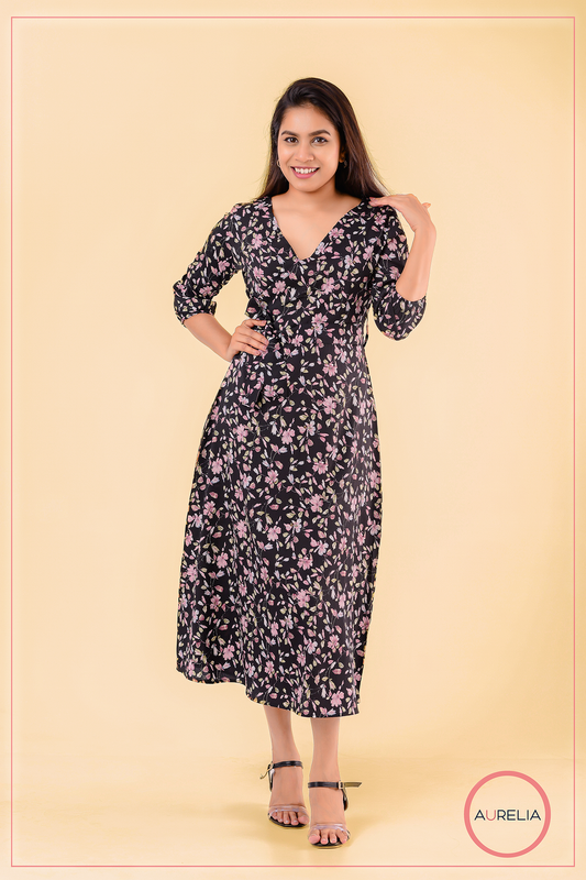 FLORAL MOCK WRAP DETAILED MIDI DRESS