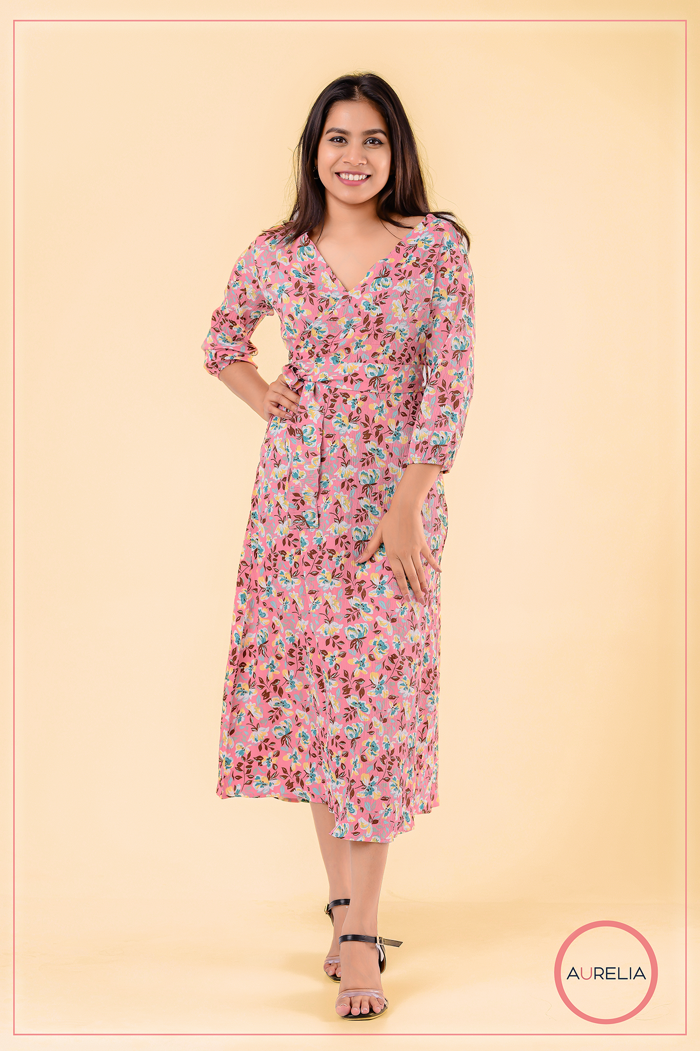 FLORAL MOCK WRAP DETAILED MIDI DRESS