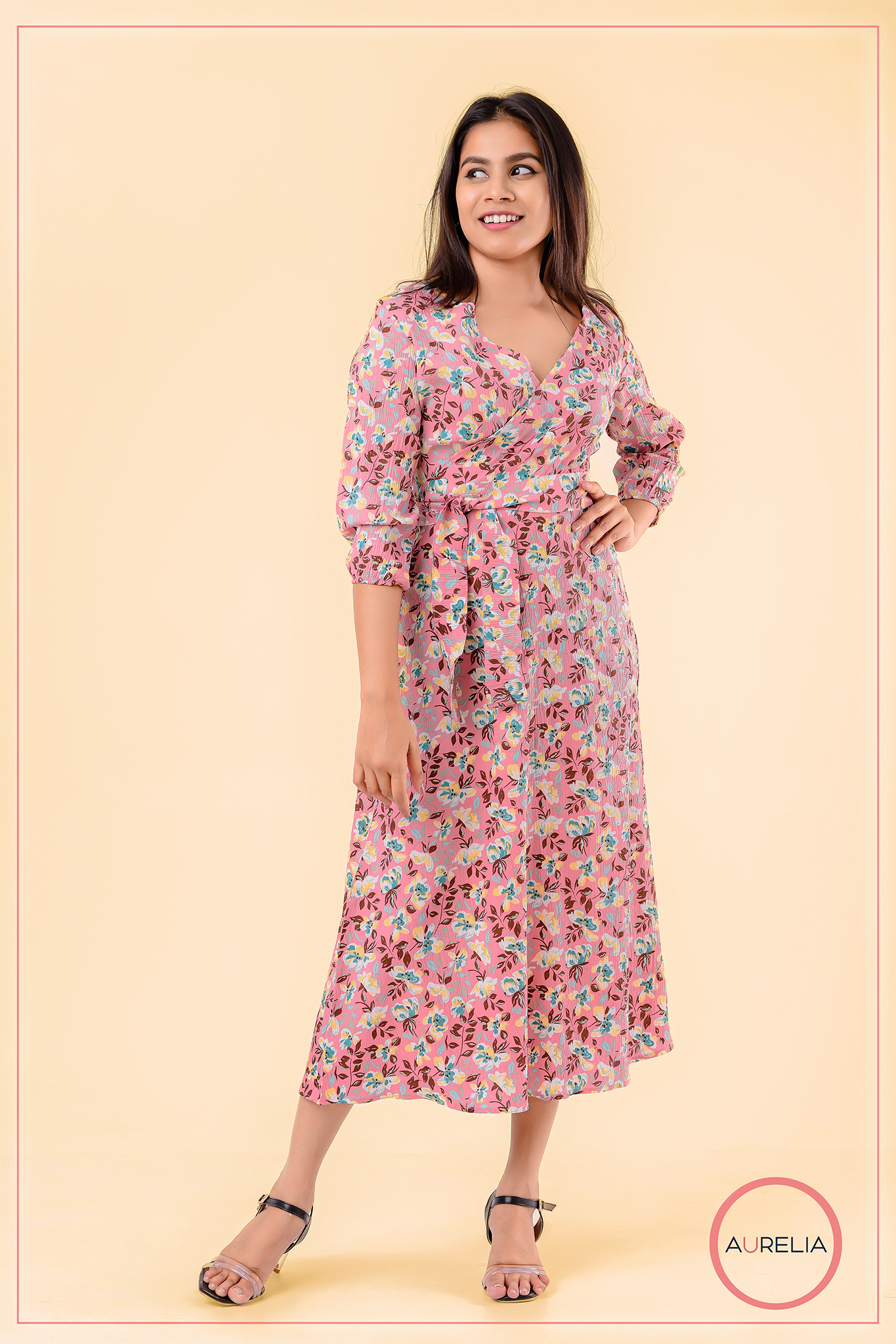 FLORAL MOCK WRAP DETAILED MIDI DRESS