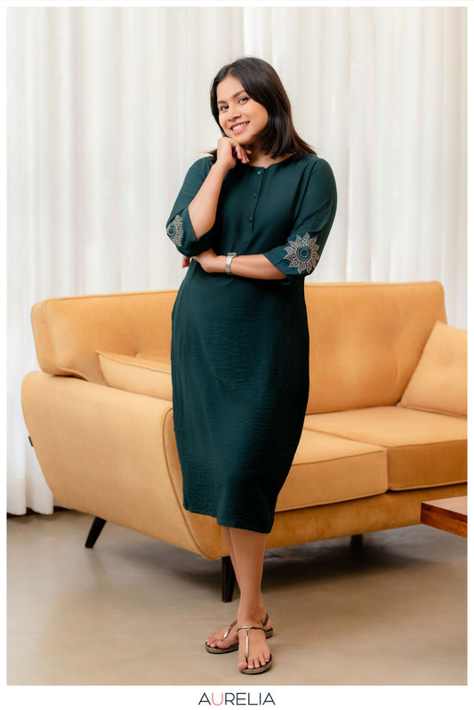 MANDALA SLEEVE EMBROIDERED MIDI DRESS