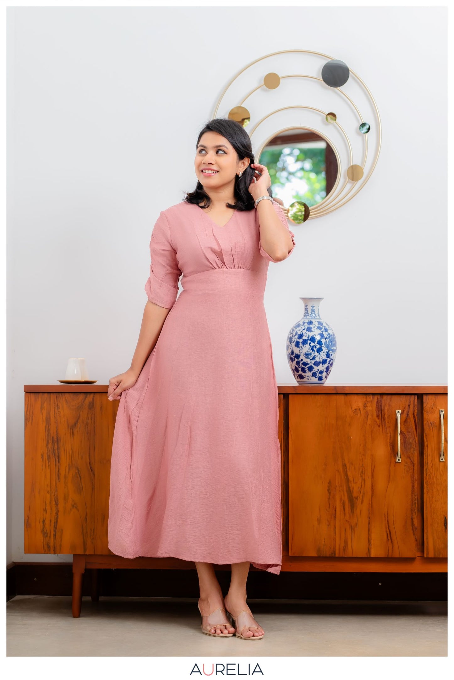 V NECK MID BELTED PINK DRESS