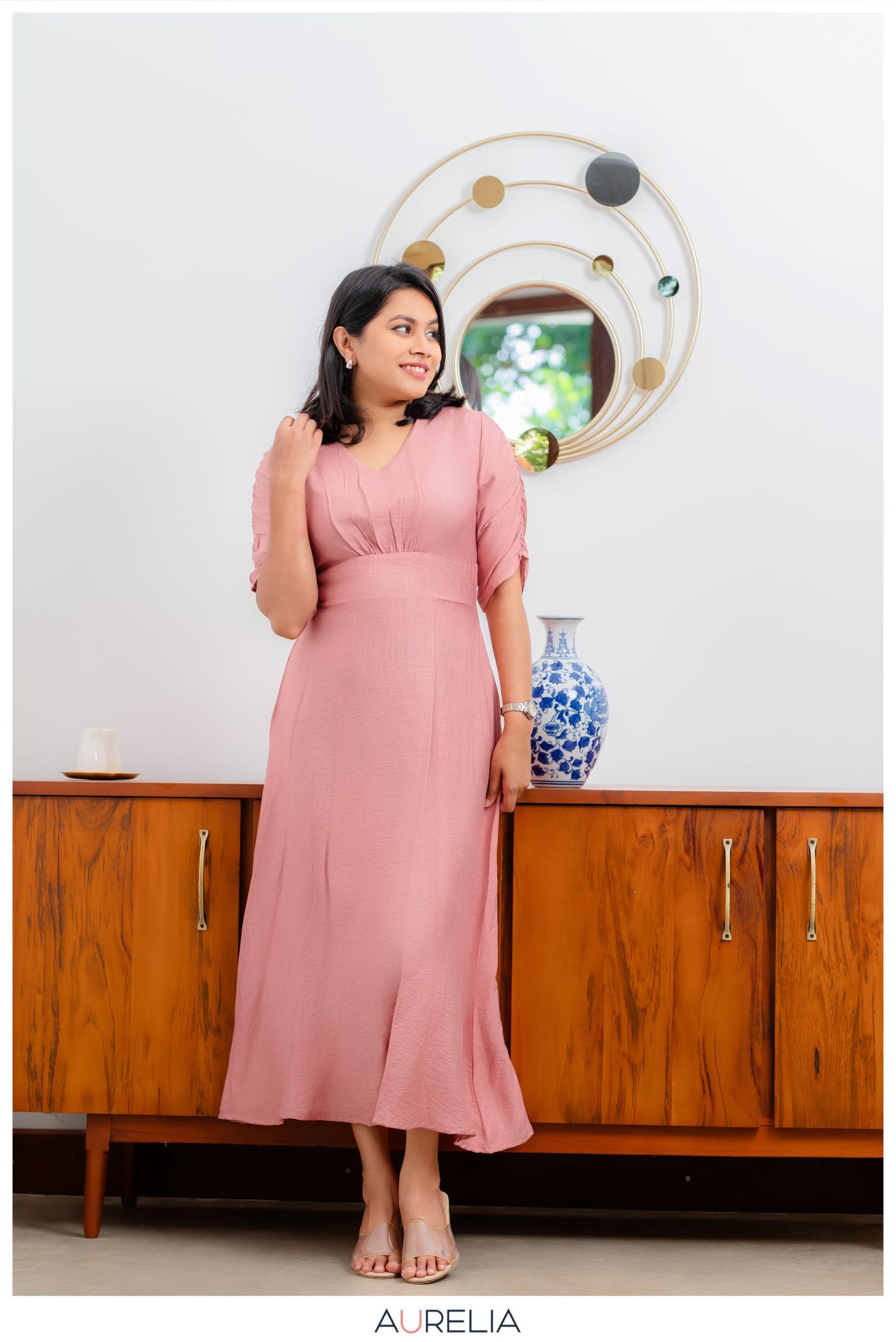 V NECK MID BELTED PINK DRESS