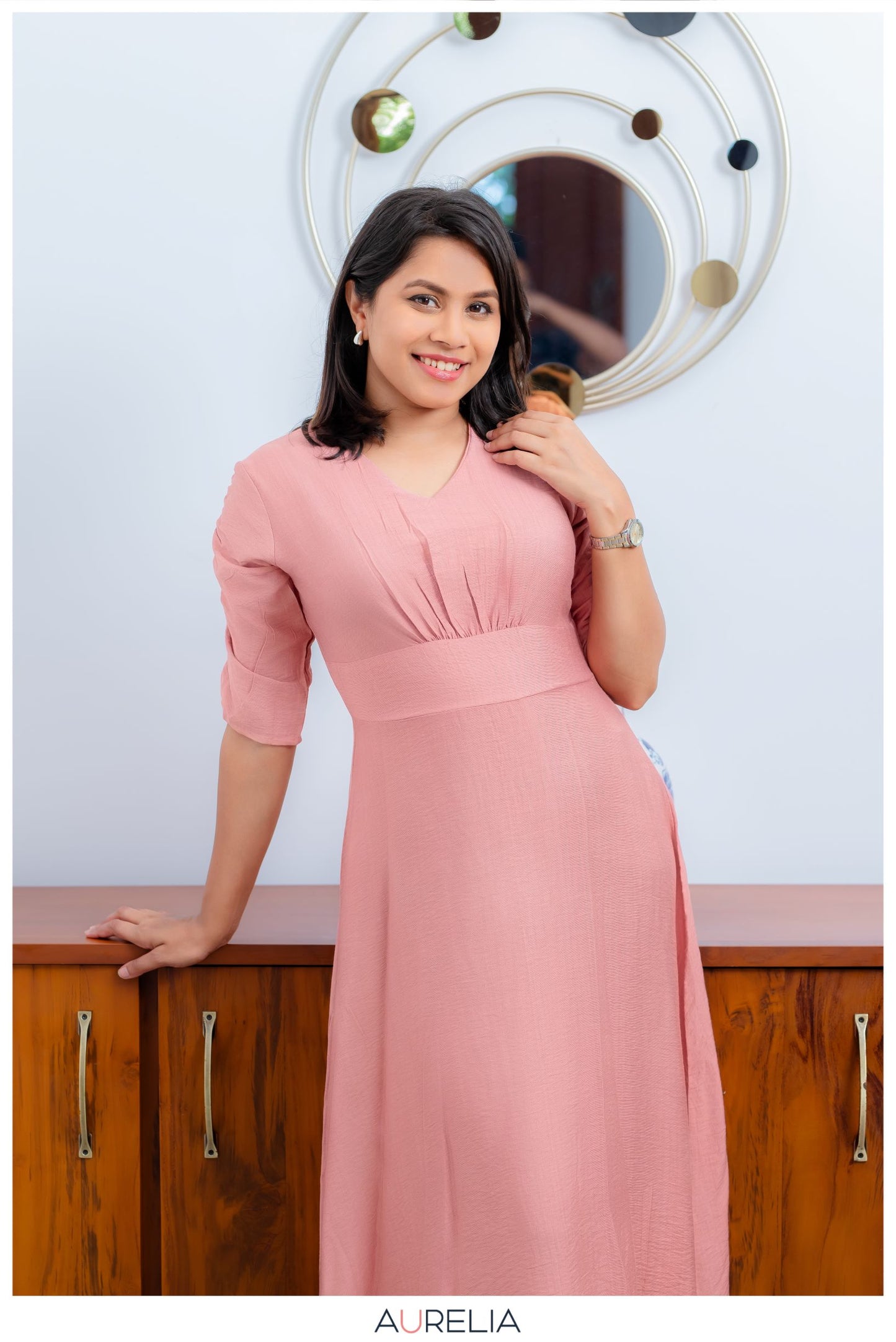 V NECK MID BELTED PINK DRESS