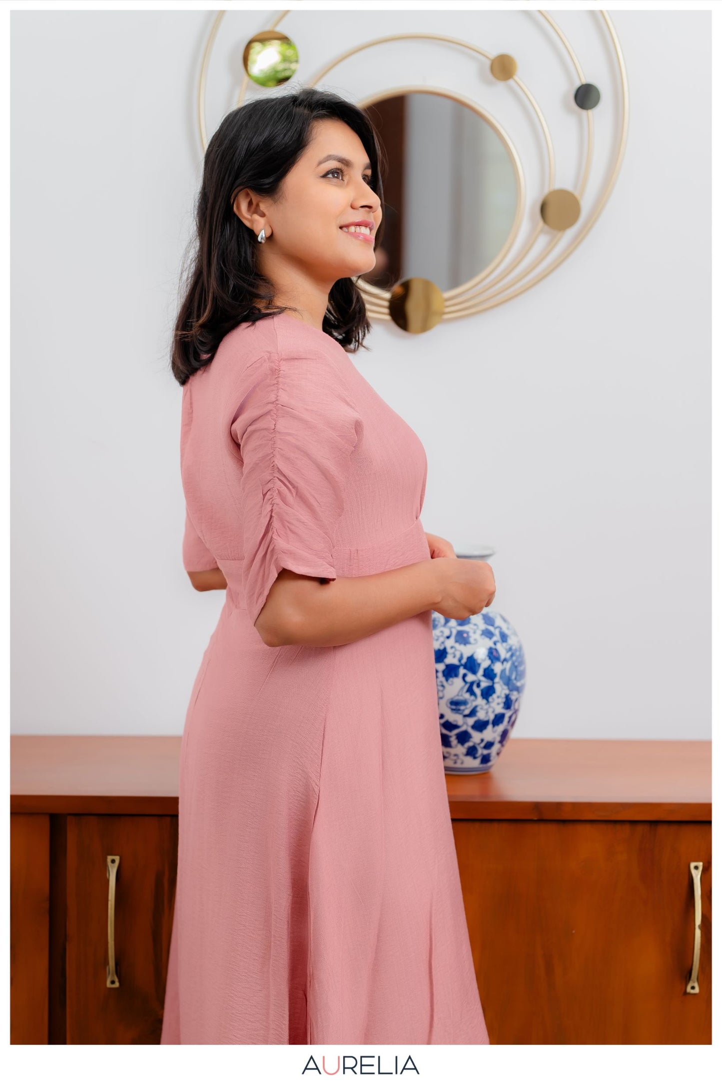 V NECK MID BELTED PINK DRESS
