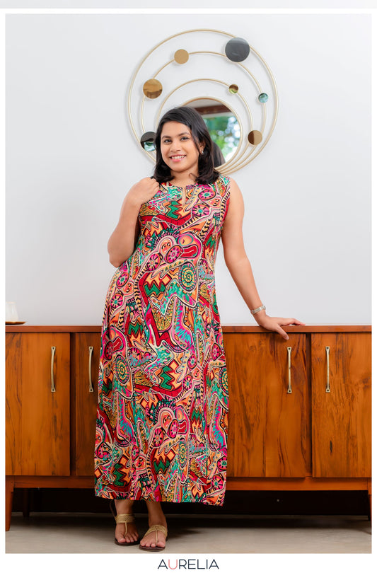 SLEEVELESS GEOMETRIC PRINTED DRESS