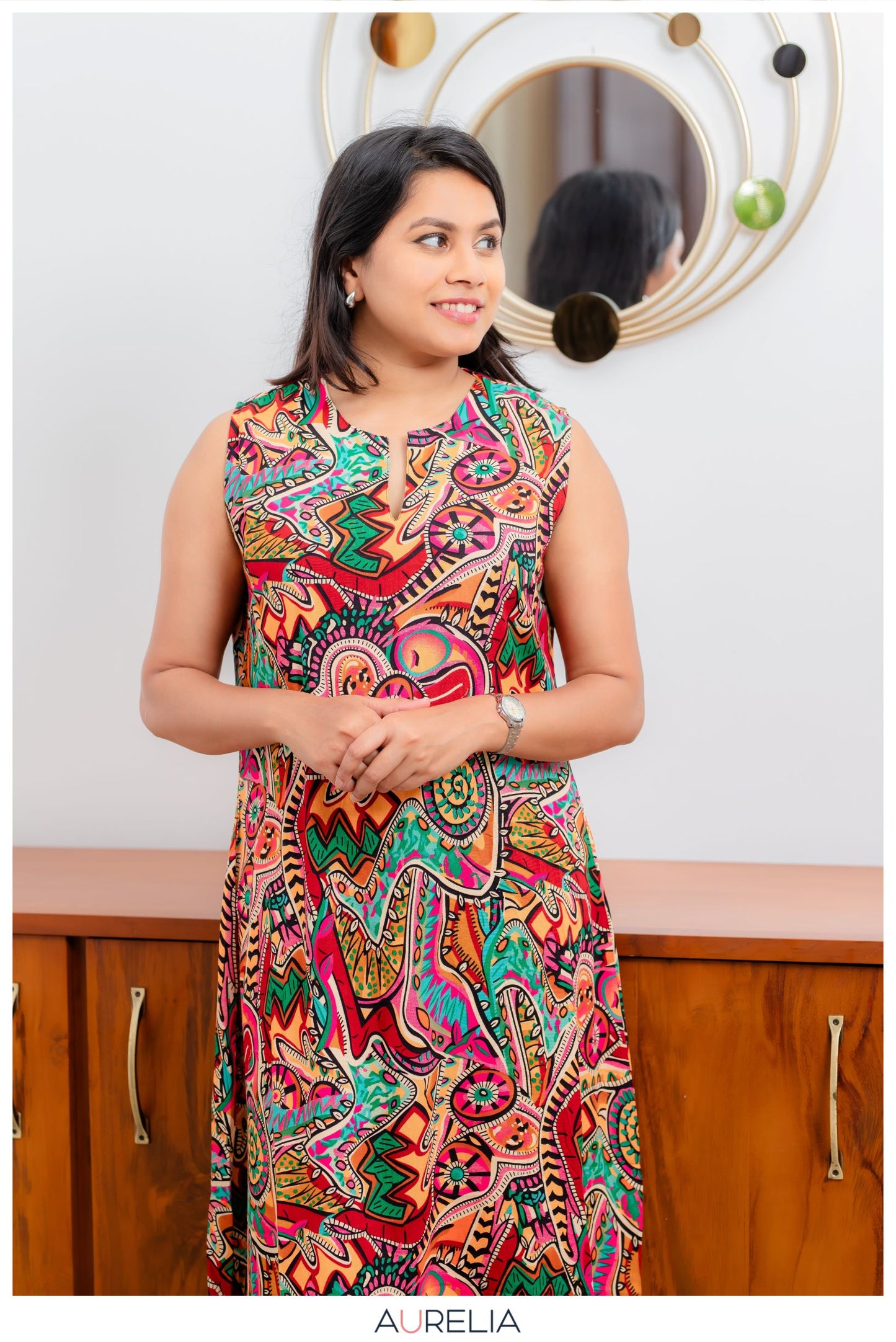 SLEEVELESS GEOMETRIC PRINTED DRESS